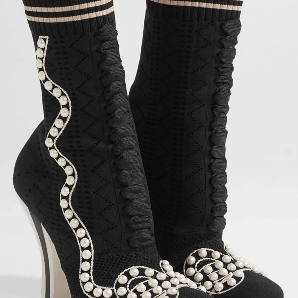 Fendi Black & White Rockoko Faux Pearl Sock Boots